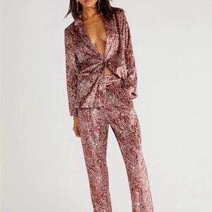 MINKPINK Free People Burgundy and Creame Velvet Paisley Blazer and Pants Set